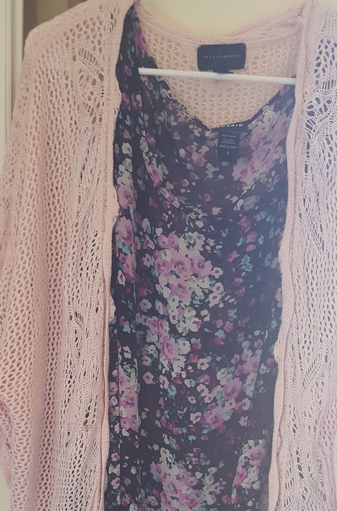 Sheer flowery hi low tank with a crochet shrug